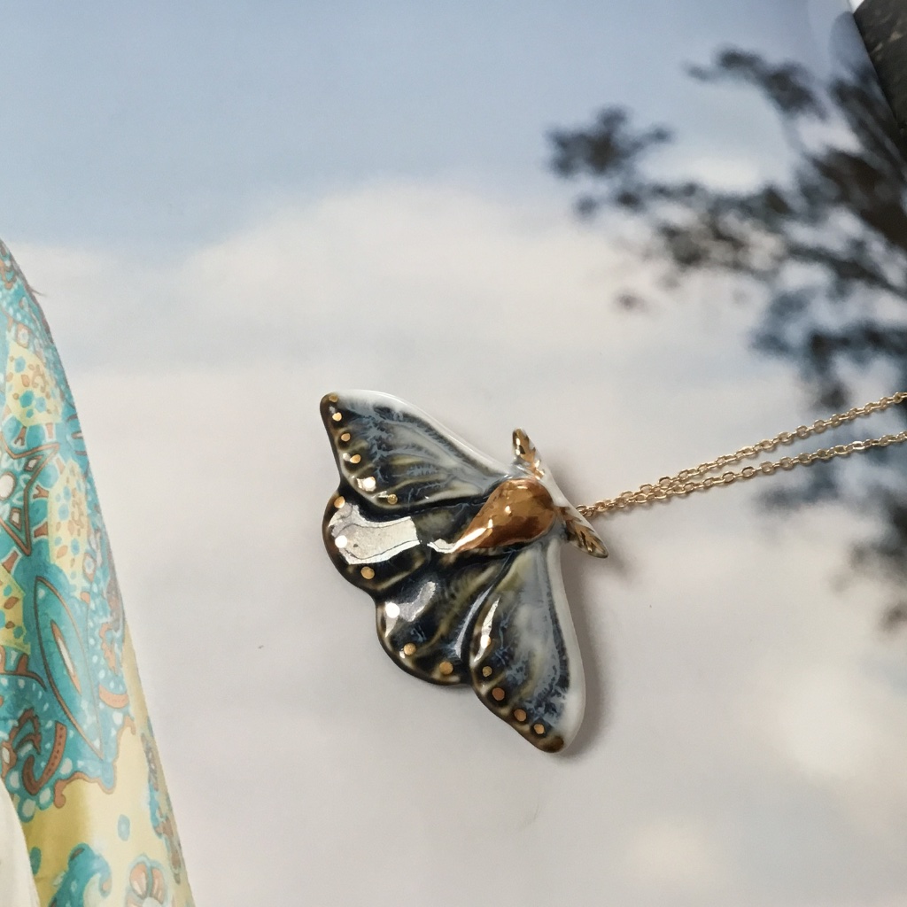 One Of A Kind Ceramic Blue & Gold Butterfly Necklace Is New Without Tags!